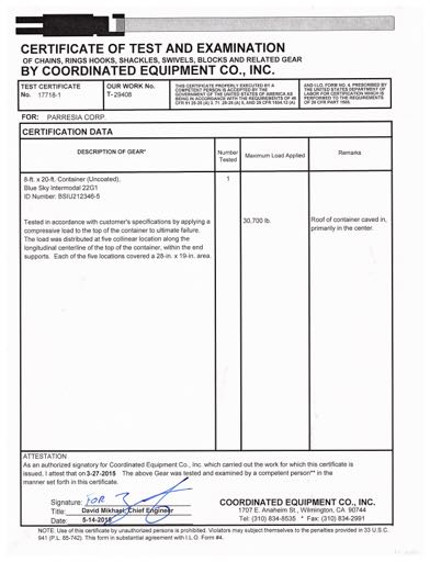 Certificate of Test and Examination