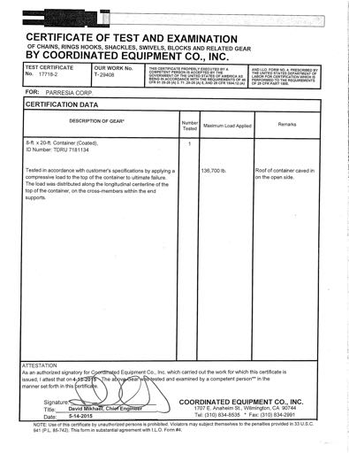 Certificate of Test and Examination